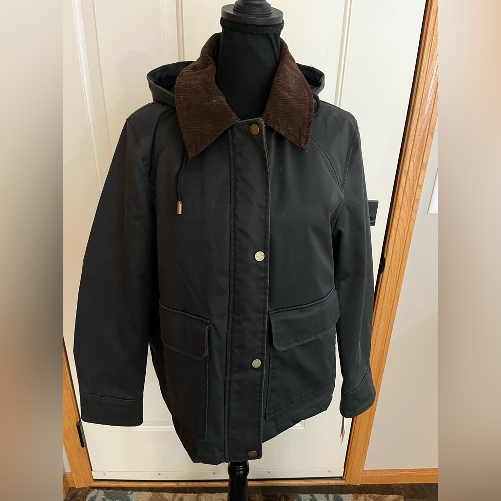 New Women’s Sanctuary Black wax barn field jacket brown corduroy trim.Size large